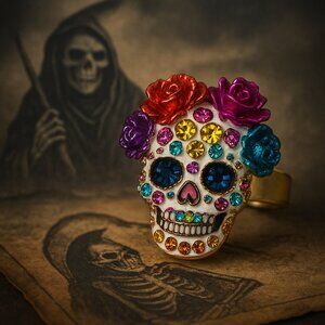 Betsey Johnson Sugar Skull Ring Crystal  Gold Tone Day of the Dead Halloween